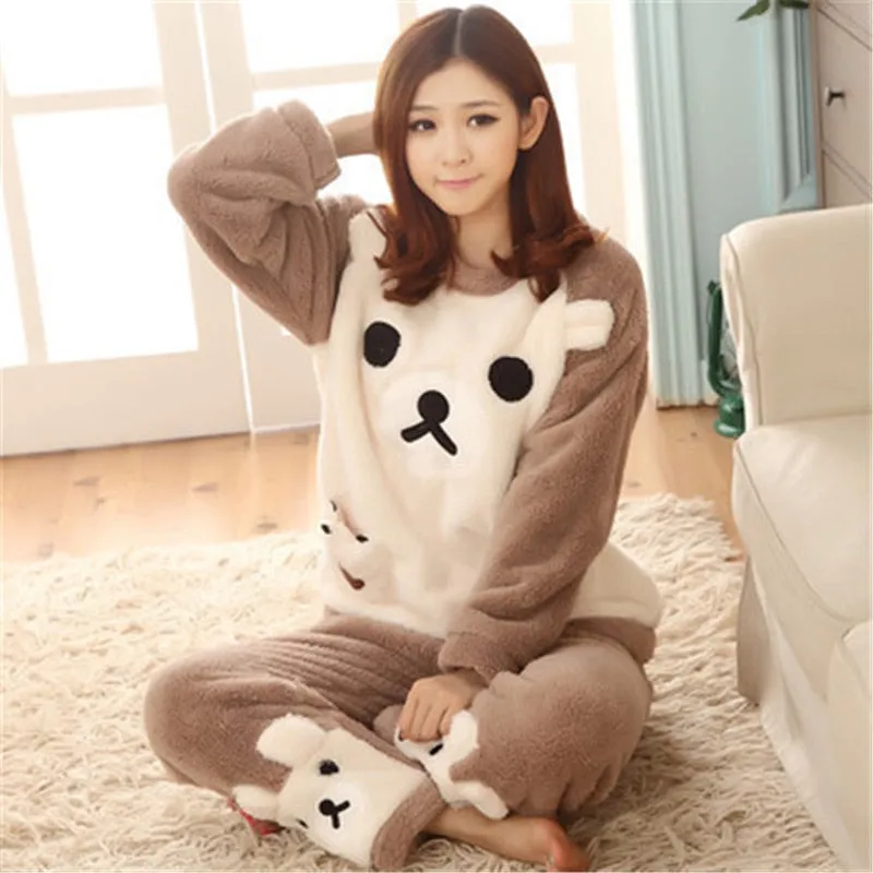 JULY'S SONG Flannel Women Pajamas Sets Autumn Winter Pajamas Cartoon Thick Warm Women Sleepwear Cute Animal Female Homewear