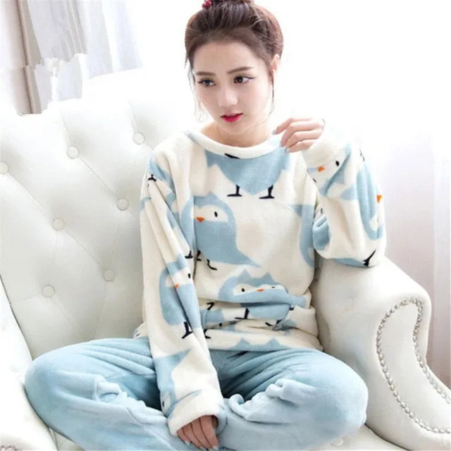 JULY'S SONG Flannel Women Pajamas Sets Autumn Winter Pajamas Cartoon Thick Warm Women Sleepwear Cute Animal Female Homewear