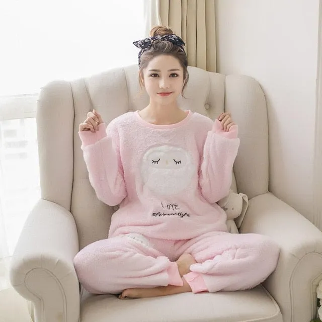 JULY'S SONG Flannel Women Pajamas Sets Autumn Winter Pajamas Cartoon Thick Warm Women Sleepwear Cute Animal Female Homewear