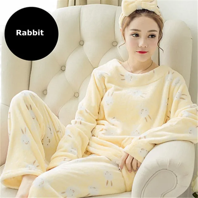 JULY'S SONG Flannel Women Pajamas Sets Autumn Winter Pajamas Cartoon Thick Warm Women Sleepwear Cute Animal Female Homewear