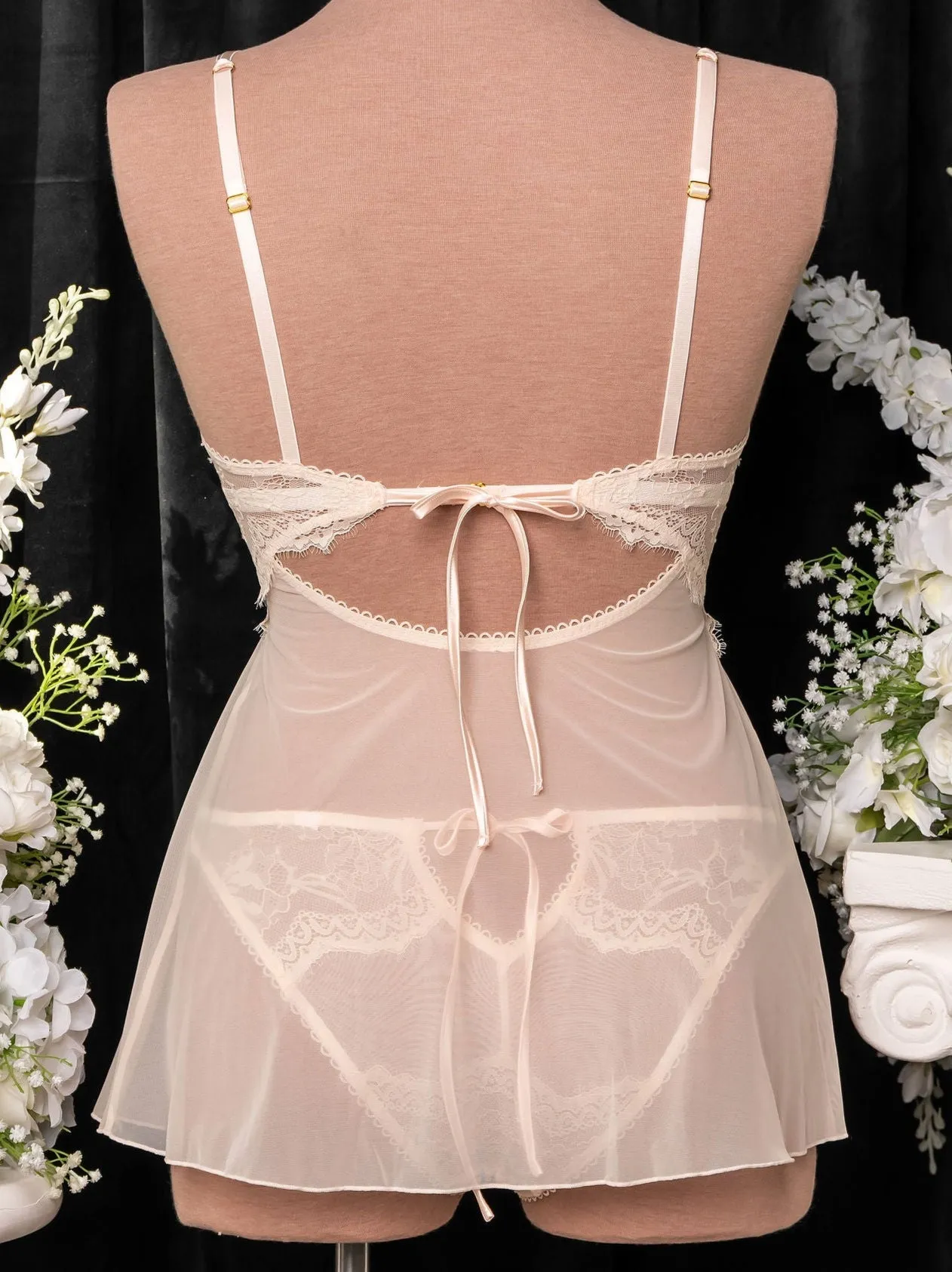 Lace & Mesh Button Babydoll - Champagne