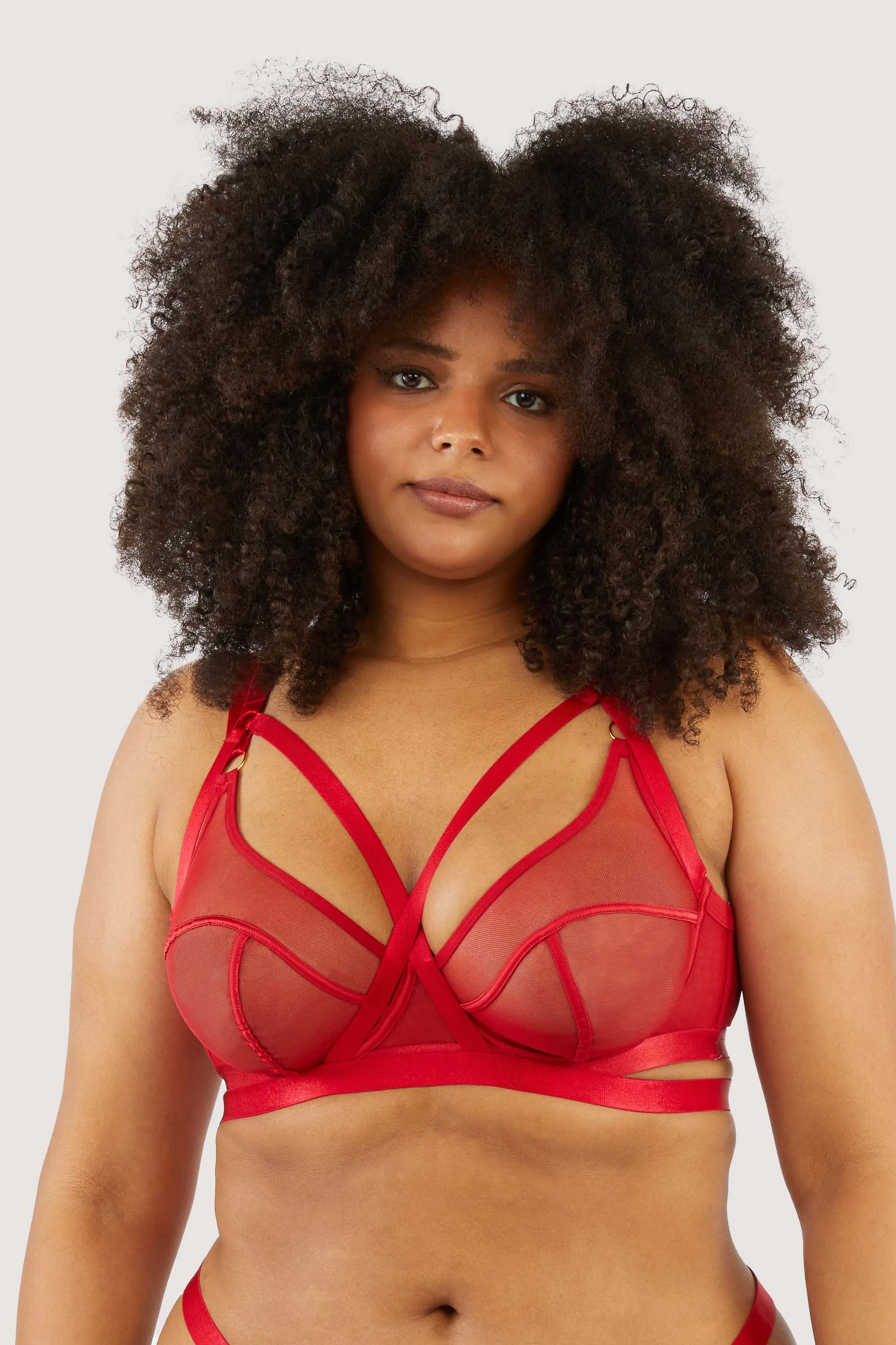 Mercury Red Harness Mesh Balcony Bra