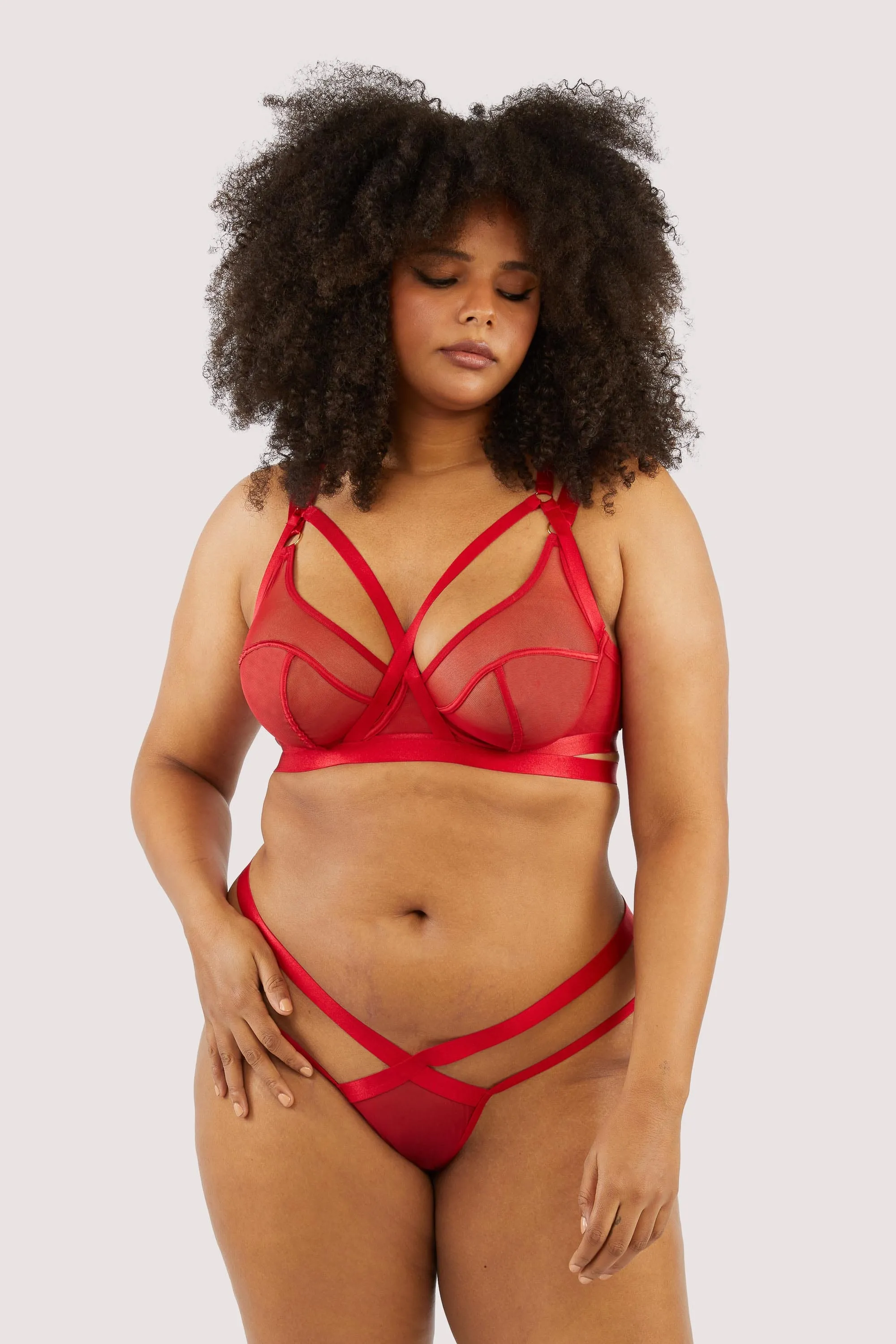 Mercury Red Harness Mesh Balcony Bra