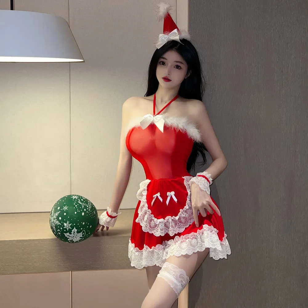 Miss Santa Claus Cosplay Outfit Sexy Red Christmas Babydoll Dress X-mas Maid Costume