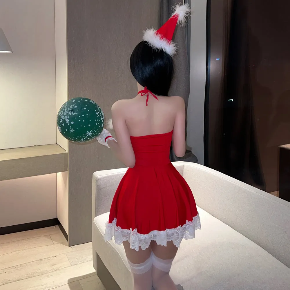 Miss Santa Claus Cosplay Outfit Sexy Red Christmas Babydoll Dress X-mas Maid Costume