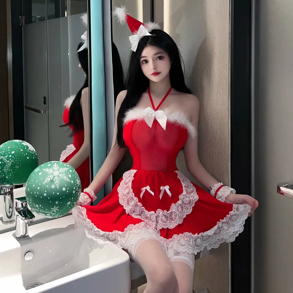 Miss Santa Claus Cosplay Outfit Sexy Red Christmas Babydoll Dress X-mas Maid Costume