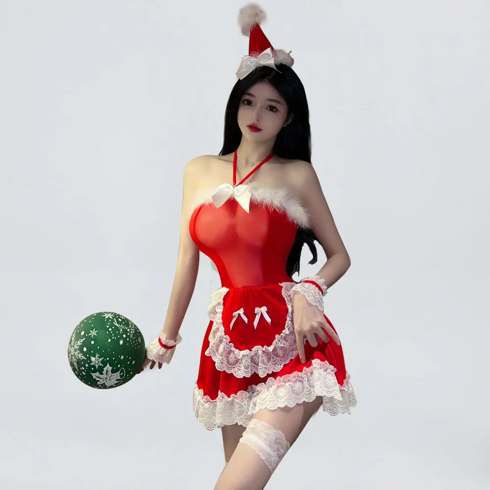 Miss Santa Claus Cosplay Outfit Sexy Red Christmas Babydoll Dress X-mas Maid Costume