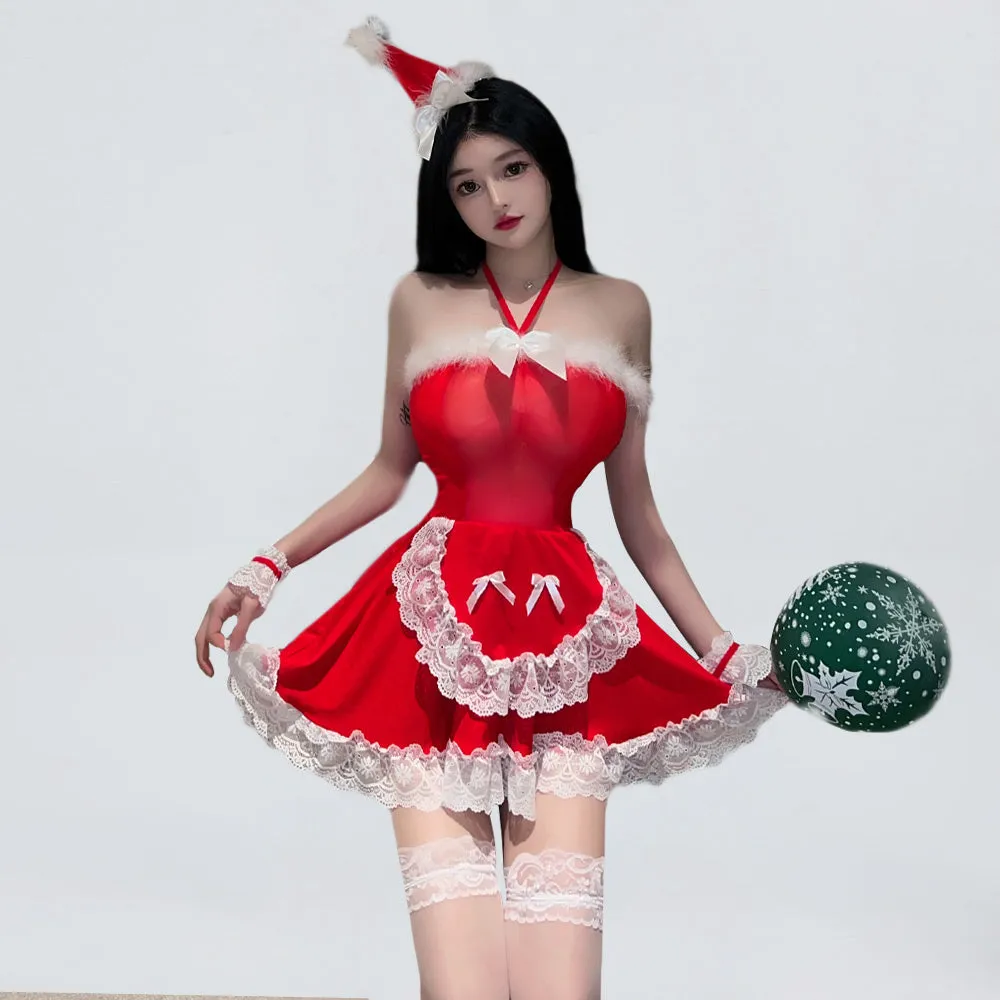 Miss Santa Claus Cosplay Outfit Sexy Red Christmas Babydoll Dress X-mas Maid Costume