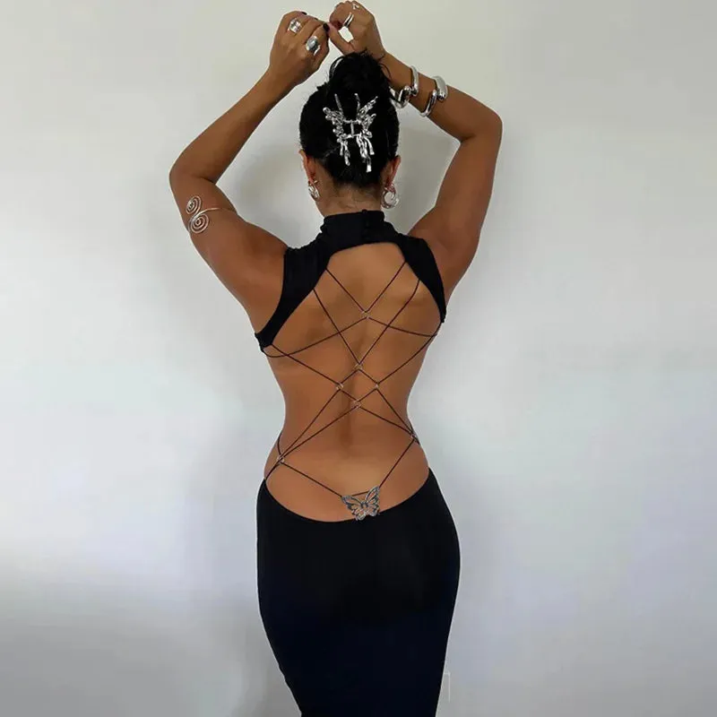 #PB Backless Bandage Butterfly Detail Long Dress