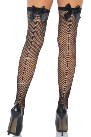 Rhinestone Seamed Bow Top Fishnet Stockings