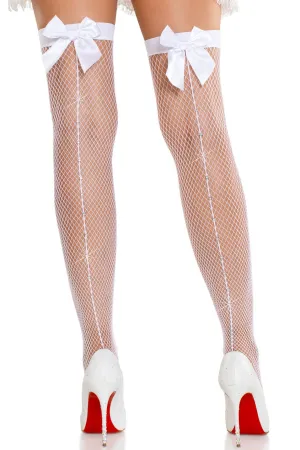 Rhinestone Seamed Bow Top Fishnet Stockings