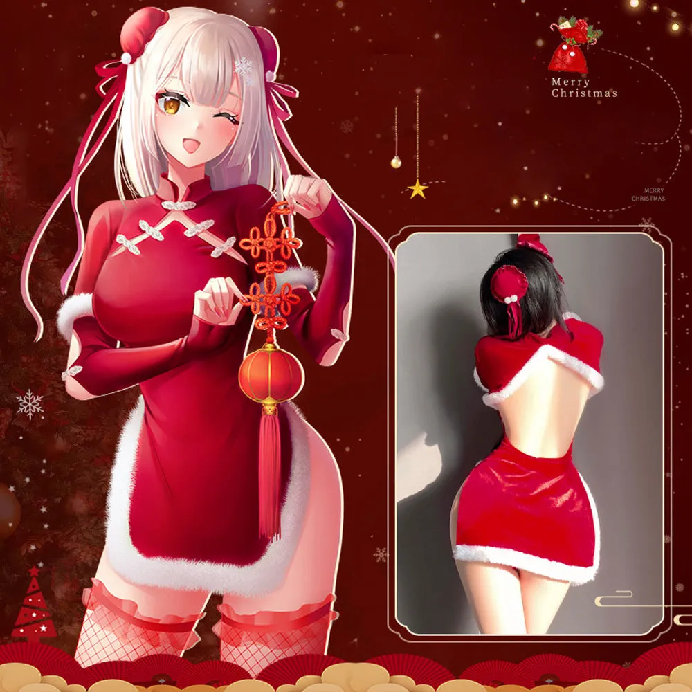 Sexy Cheongsam Dress Red Velvet Cheongsam Lingerie Dress Chinese Split Dress
