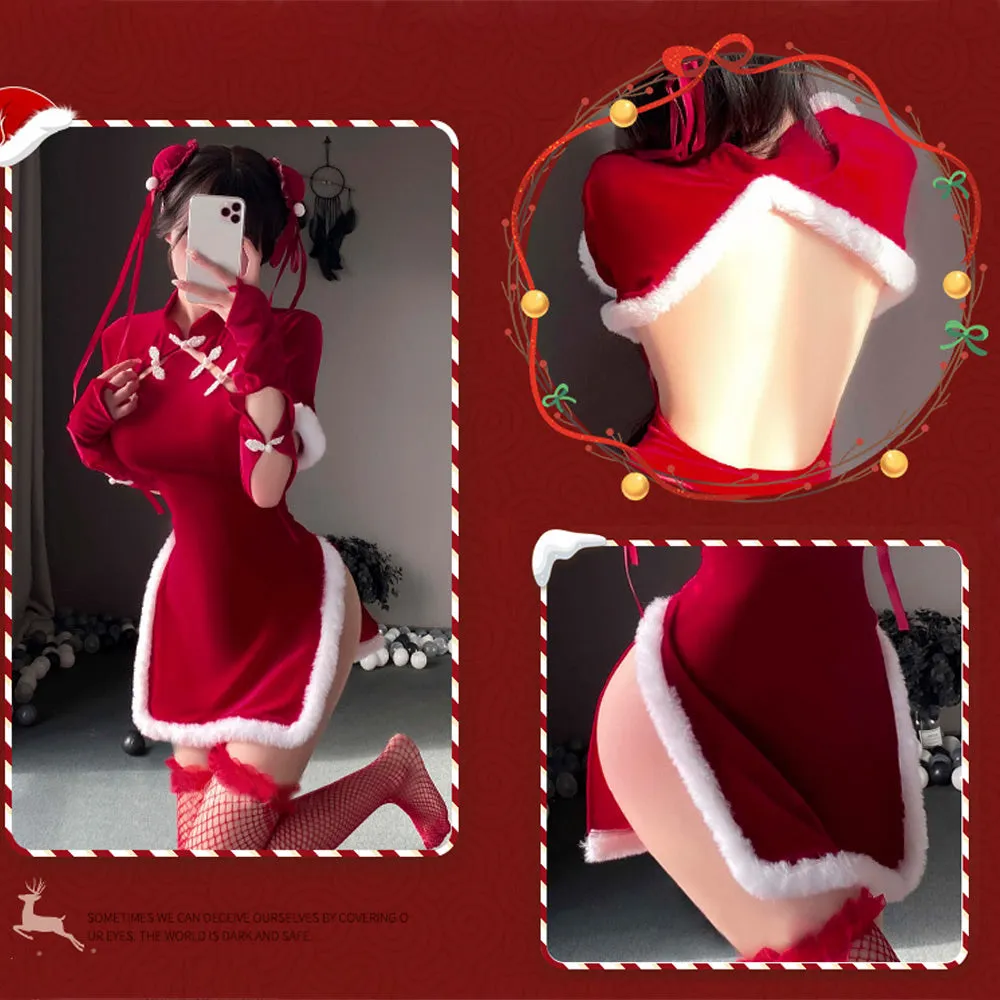 Sexy Cheongsam Dress Red Velvet Cheongsam Lingerie Dress Chinese Split Dress