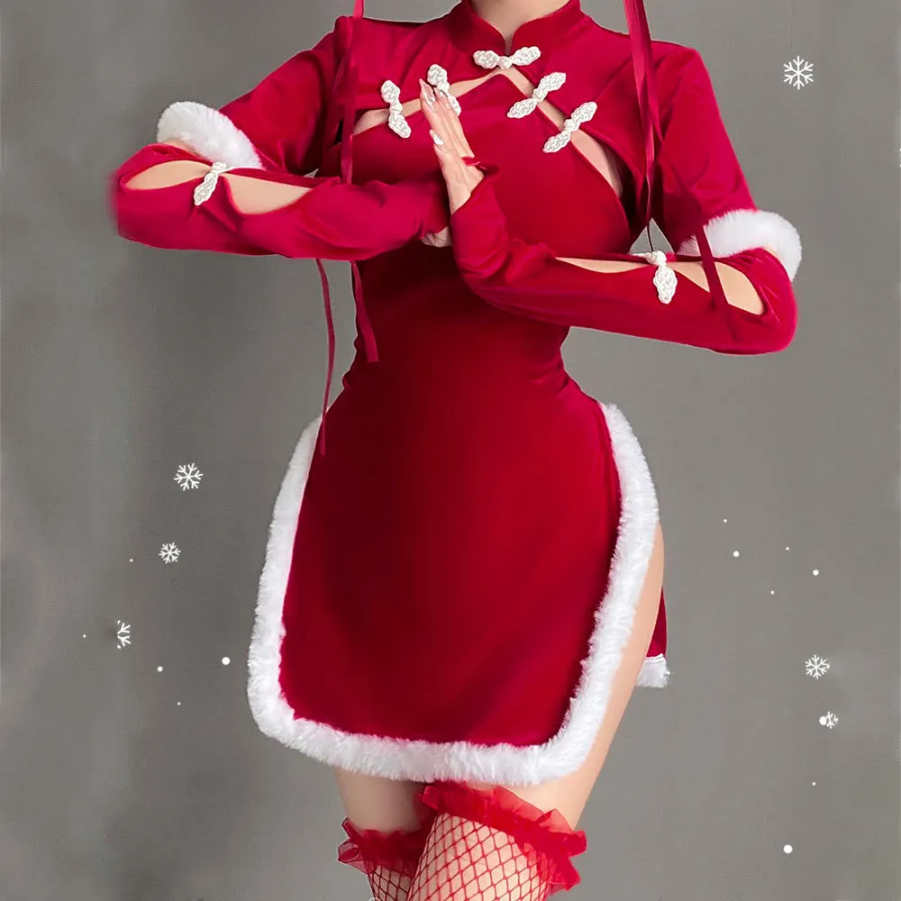 Sexy Cheongsam Dress Red Velvet Cheongsam Lingerie Dress Chinese Split Dress