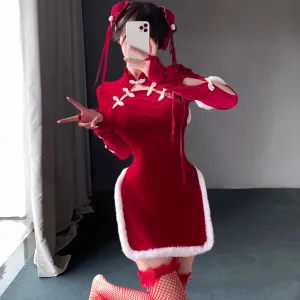Sexy Cheongsam Dress Red Velvet Cheongsam Lingerie Dress Chinese Split Dress