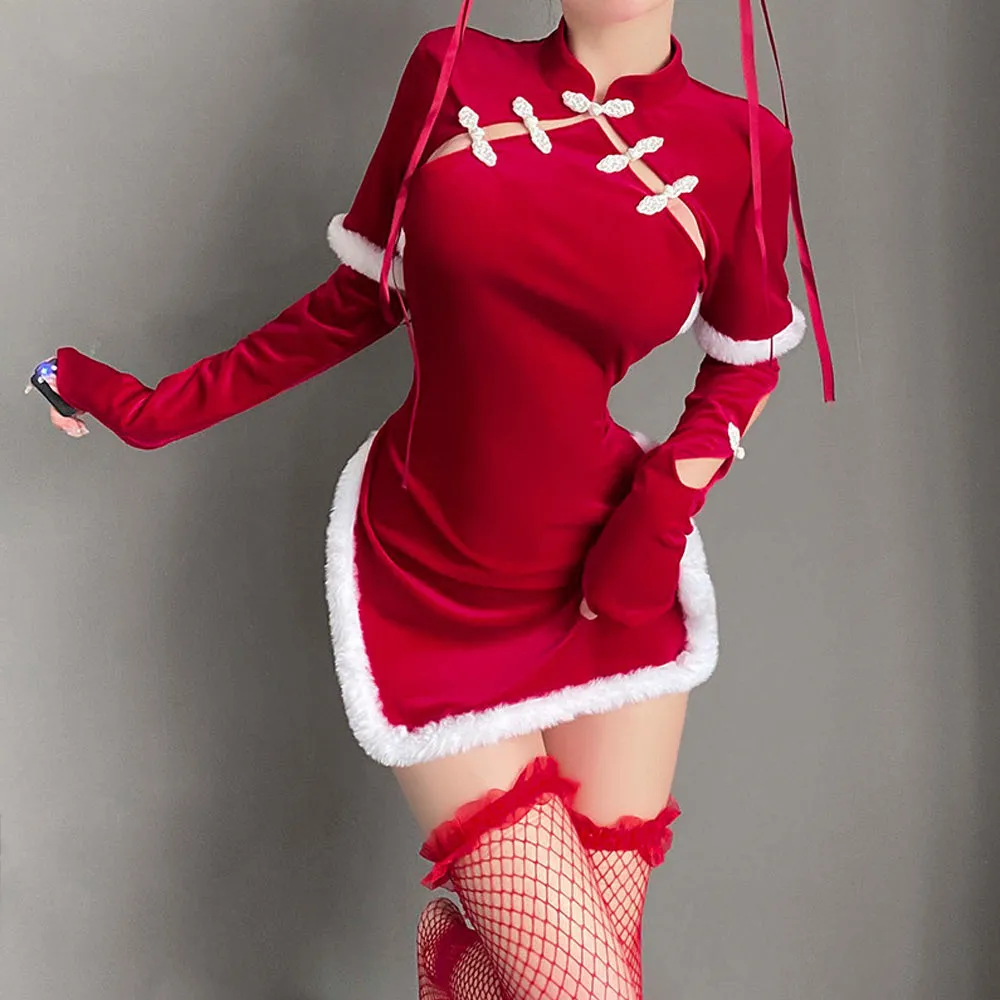 Sexy Cheongsam Dress Red Velvet Cheongsam Lingerie Dress Chinese Split Dress