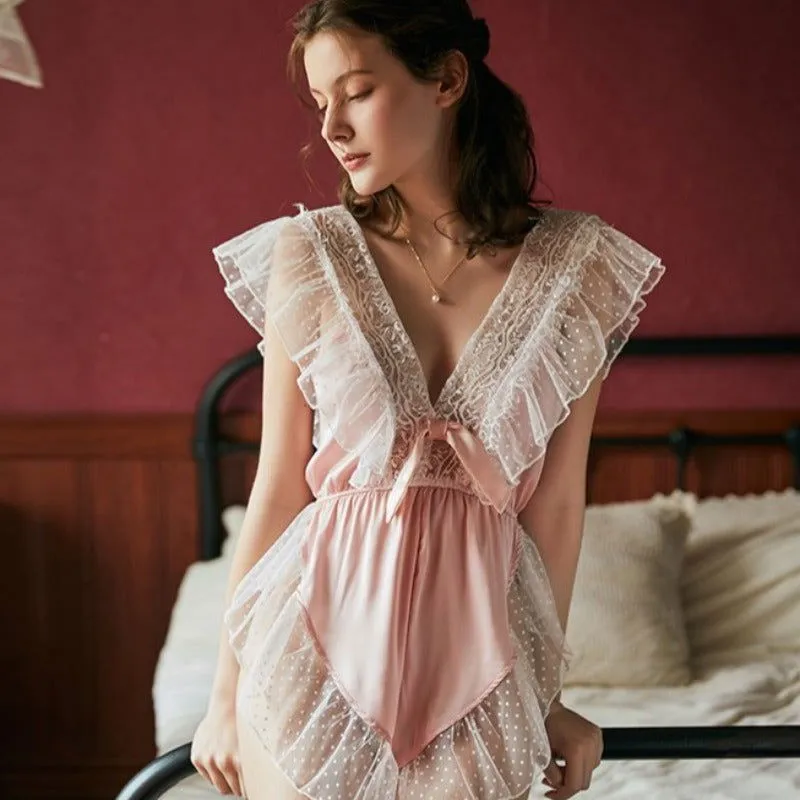 Thin Pink Blue Laced Ruffled Deep V Neck Sleepwear