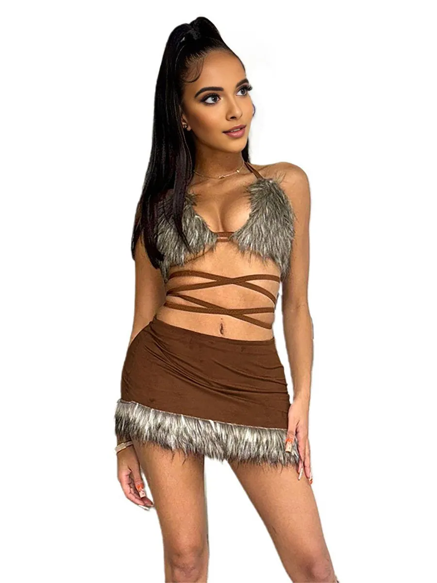 Two Piece Furry Bra Top and Skirt