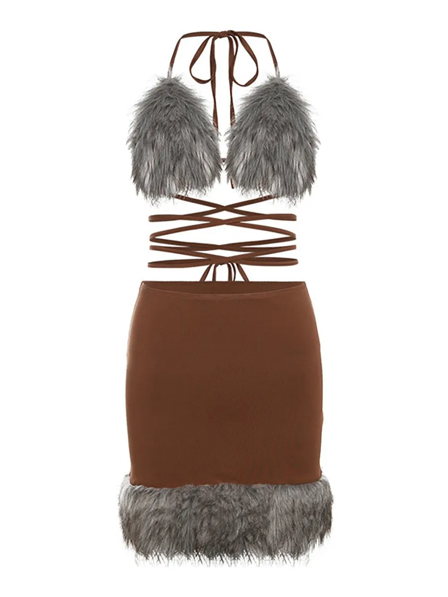 Two Piece Furry Bra Top and Skirt