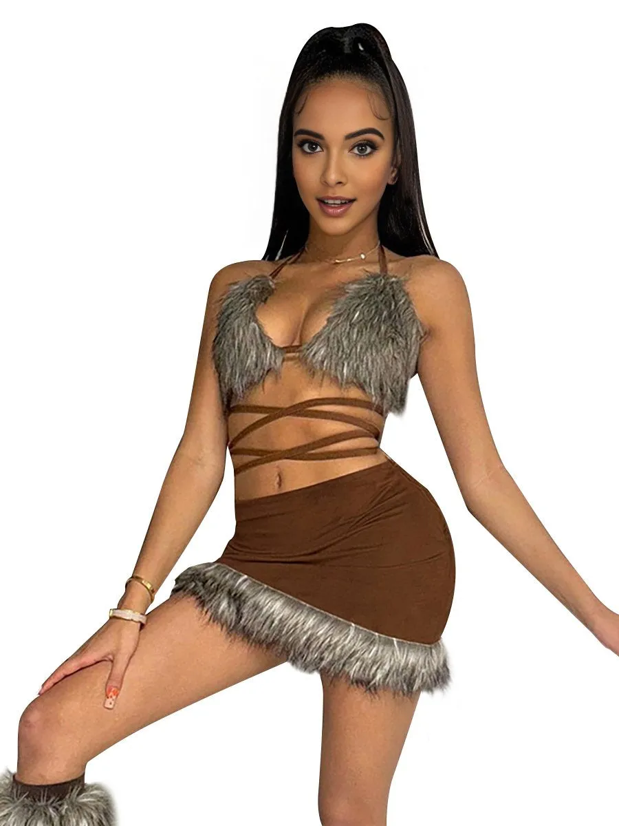 Two Piece Furry Bra Top and Skirt
