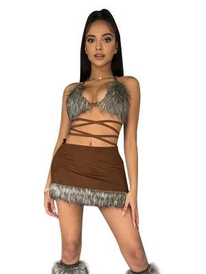 Two Piece Furry Bra Top and Skirt