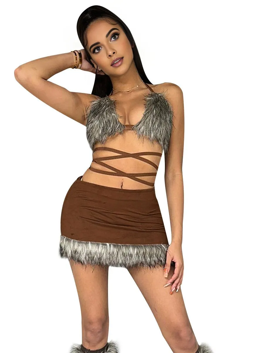 Two Piece Furry Bra Top and Skirt