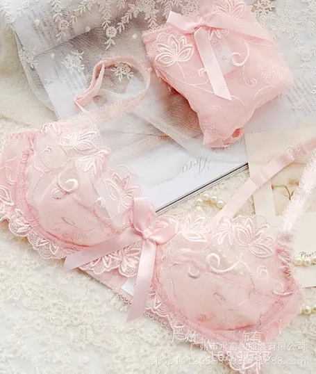 Underwear set transparent sexy lace bra set plus size Women gauze embroidery ultra-thin lingerie bra and panty set