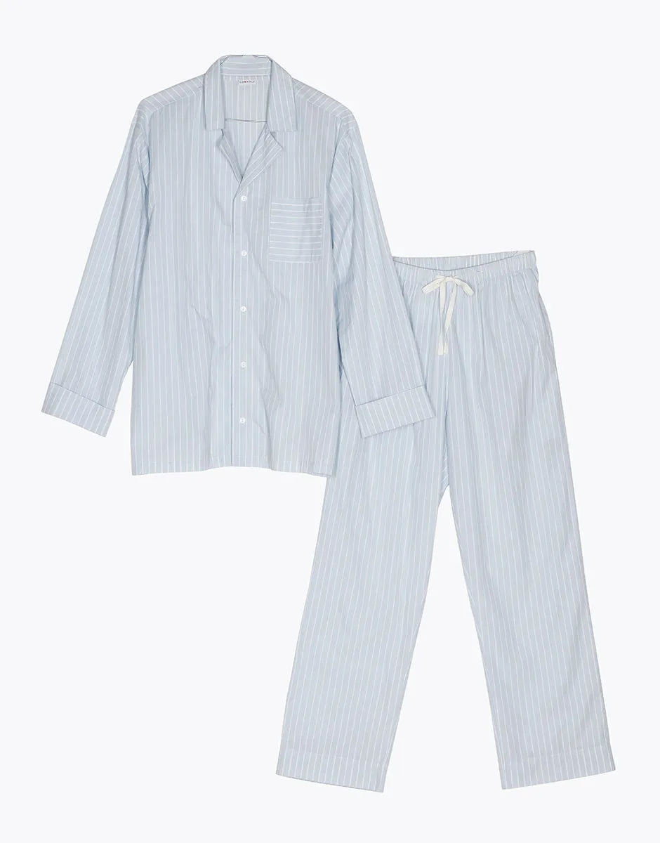 Unisex Blue Striped Cotton Canvas Long Pajama Set
