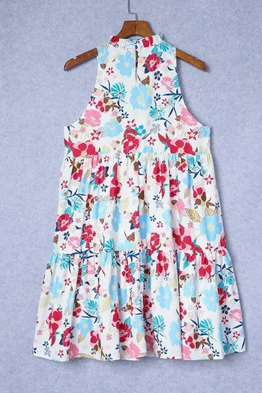 White Frill Mock Neck Floral Dress