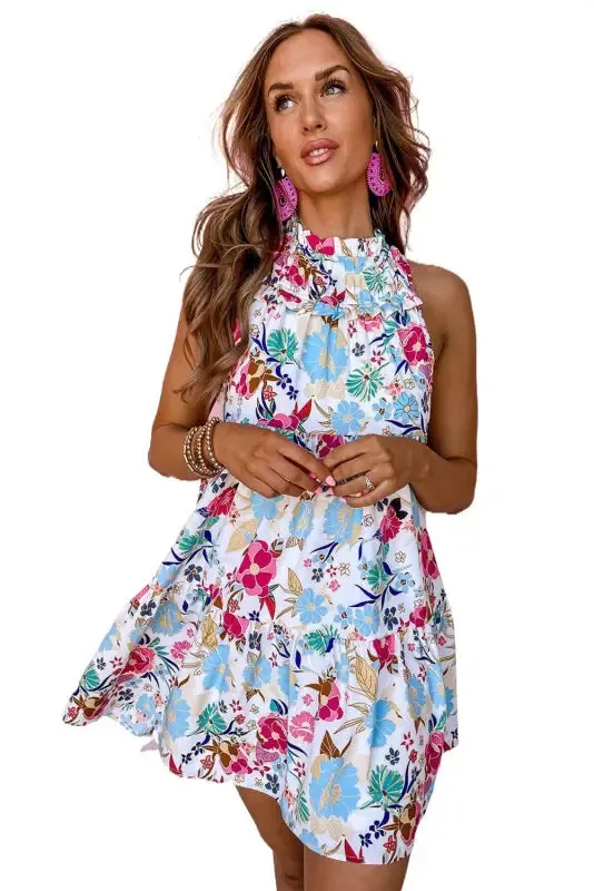 White Frill Mock Neck Floral Dress