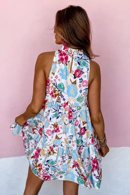 White Frill Mock Neck Floral Dress