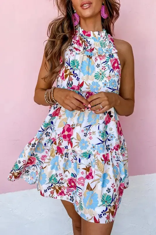 White Frill Mock Neck Floral Dress
