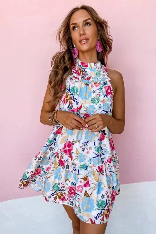 White Frill Mock Neck Floral Dress