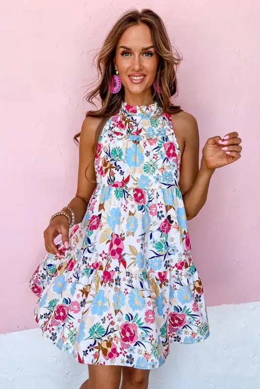 White Frill Mock Neck Floral Dress