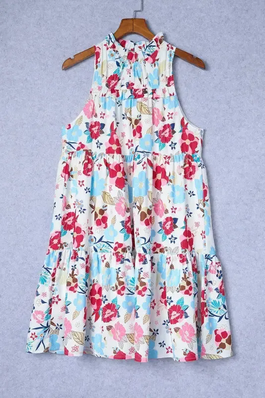 White Frill Mock Neck Floral Dress