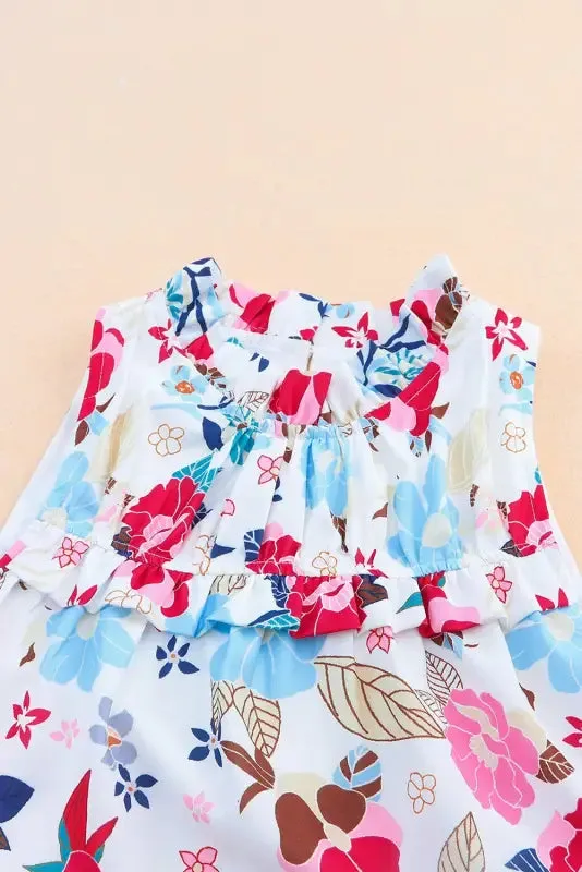 White Frill Mock Neck Floral Dress