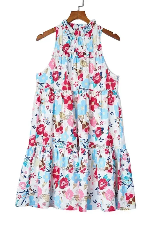 White Frill Mock Neck Floral Dress