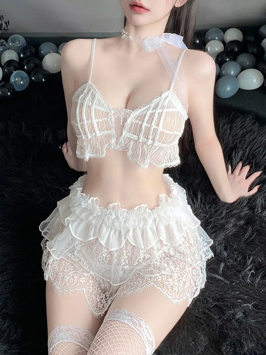 White Mesh Ruffle Bra and Skirt Set