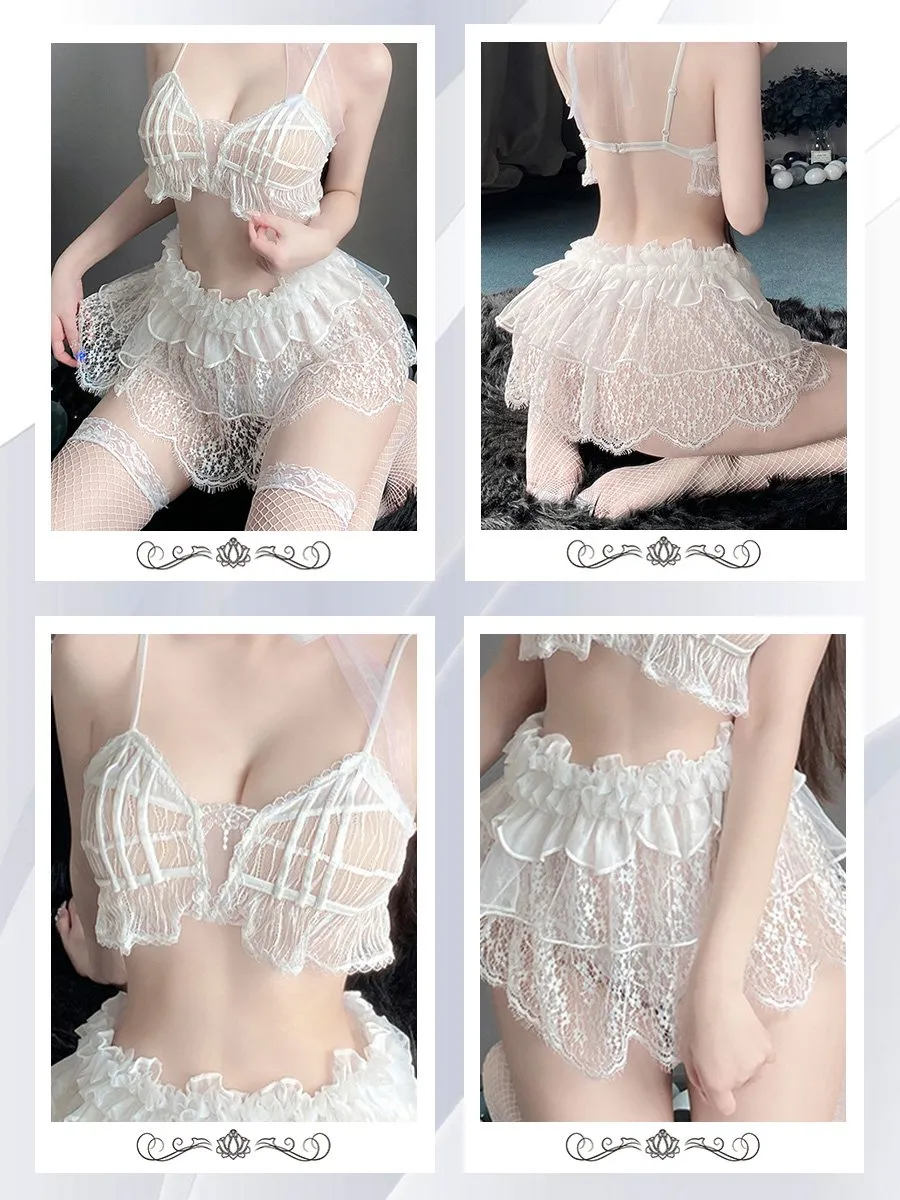 White Mesh Ruffle Bra and Skirt Set