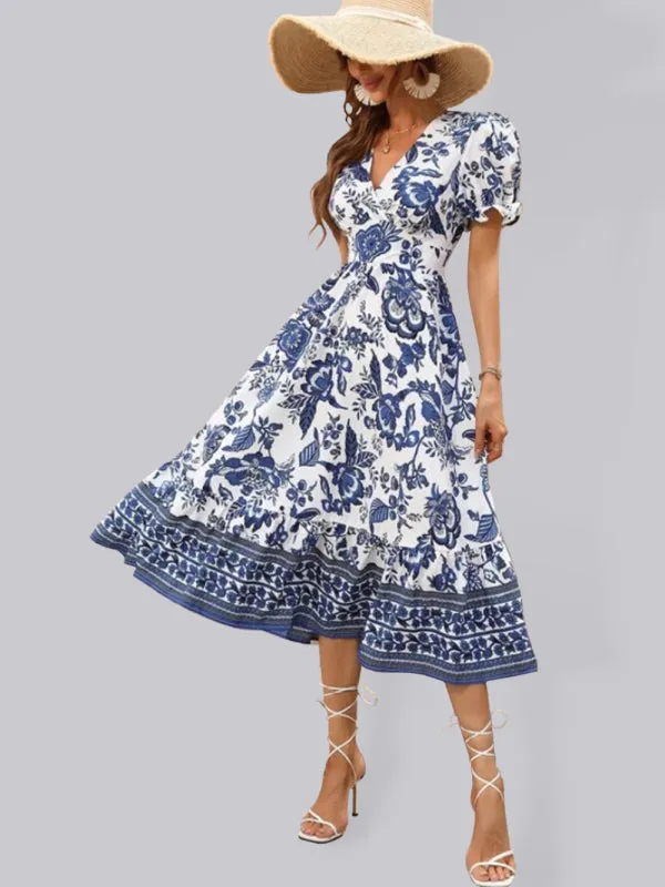 Women's A-Line Maxi V-Neck Printed Casual Dress