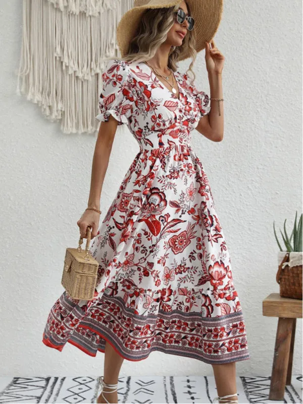Women's A-Line Maxi V-Neck Printed Casual Dress