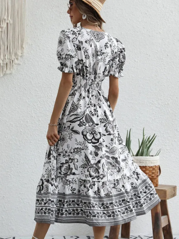 Women's A-Line Maxi V-Neck Printed Casual Dress