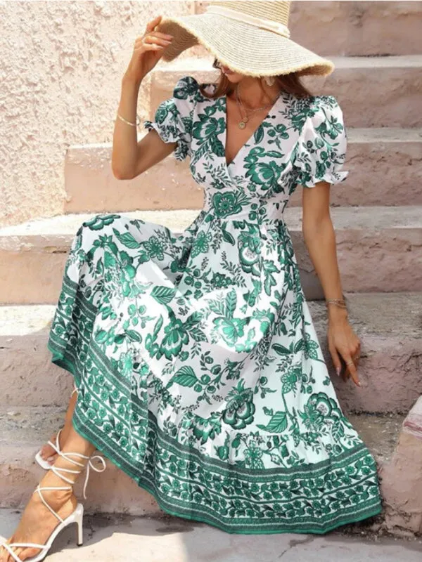 Women's A-Line Maxi V-Neck Printed Casual Dress