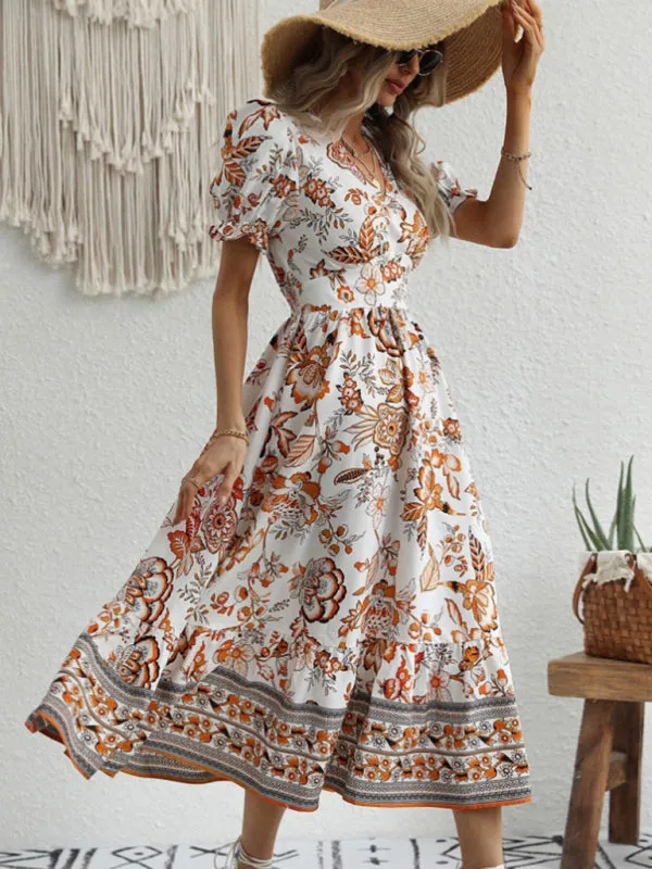 Women's A-Line Maxi V-Neck Printed Casual Dress