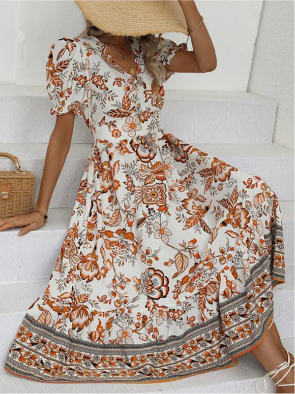 Women's A-Line Maxi V-Neck Printed Casual Dress