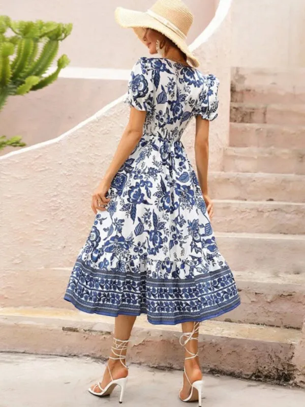Women's A-Line Maxi V-Neck Printed Casual Dress