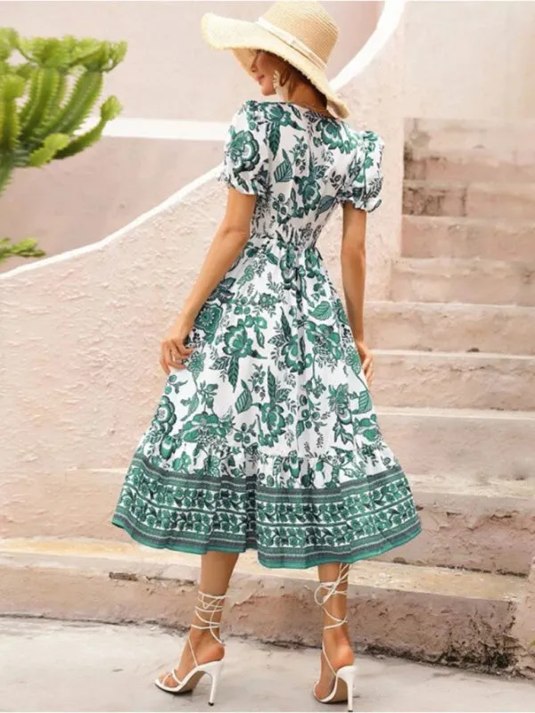 Women's A-Line Maxi V-Neck Printed Casual Dress