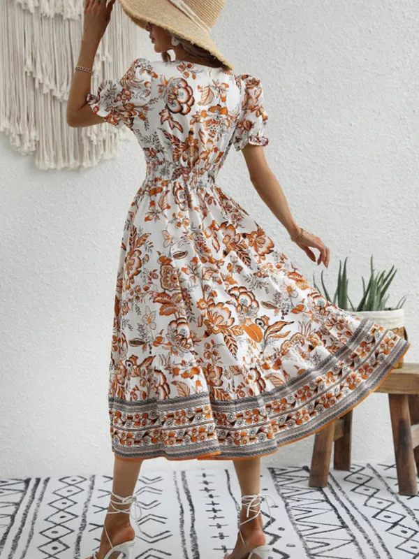 Women's A-Line Maxi V-Neck Printed Casual Dress