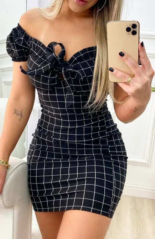 Women's Off-The-Shoulder Check Mini Dress