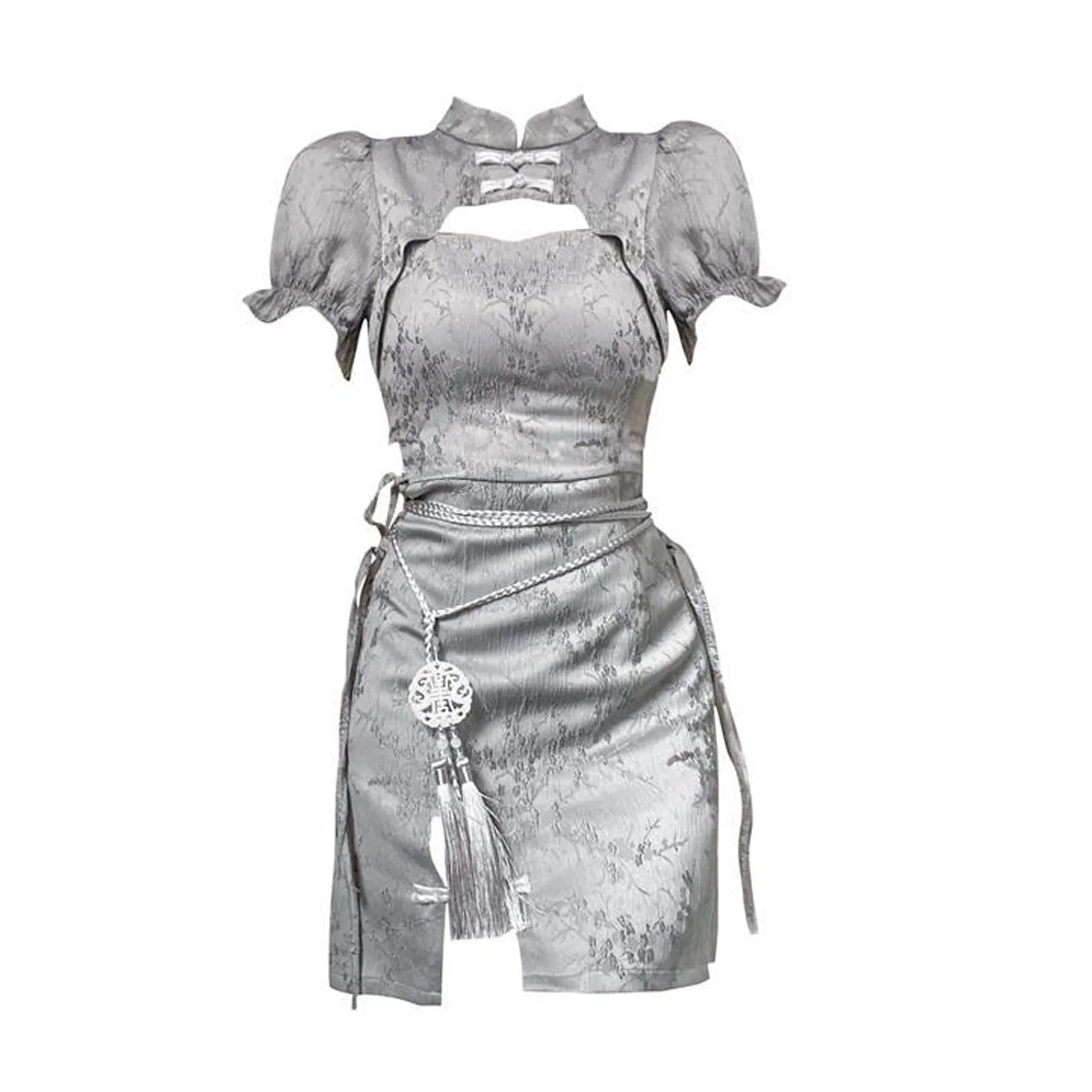 Yomorio Grey Chinese Dresses Cut Out Short Sleeve Slim Fit Cheongsam Dress